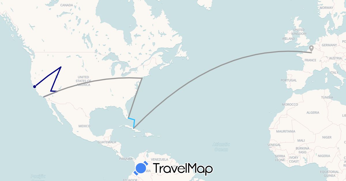 TravelMap itinerary: driving, plane, boat in Bahamas, Cuba, France, United States (Europe, North America)