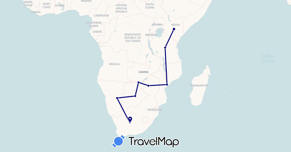TravelMap itinerary: driving in Botswana, Kenya, Mozambique, Namibia, Tanzania, South Africa, Zimbabwe (Africa)